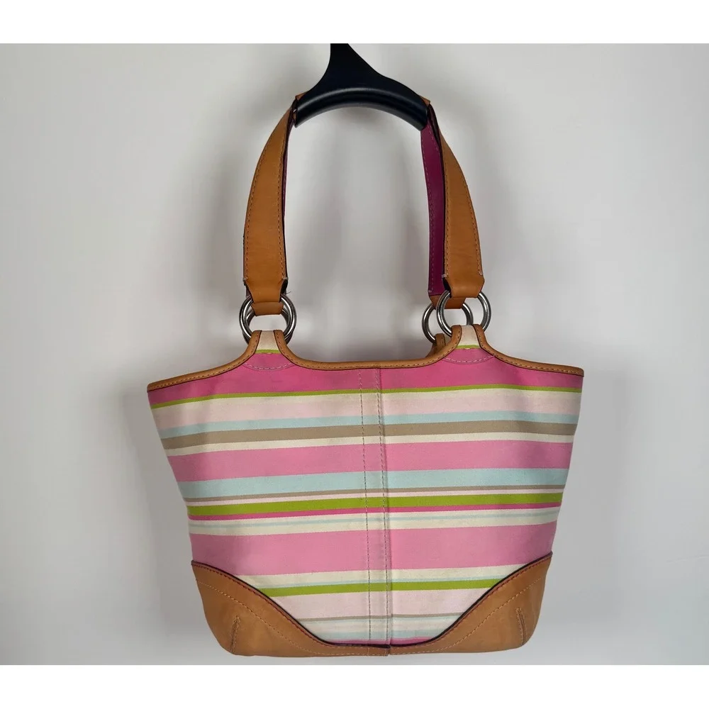 Coach Hampton Soho Buckle Multicolor Striped Twill Tote Bag Purse Vintage Y2K - Picture 2 of 8